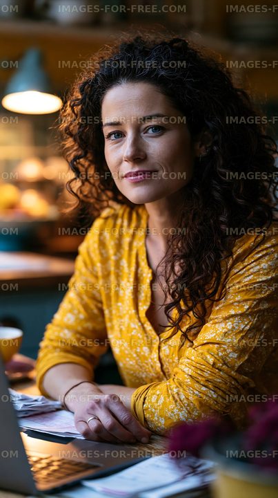Woman with curly hair sitting at a table in a cafe