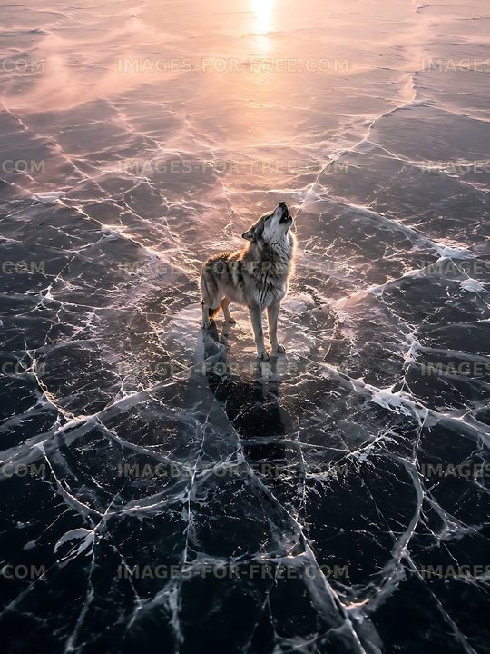 Wolf howling on frozen lake during sunset