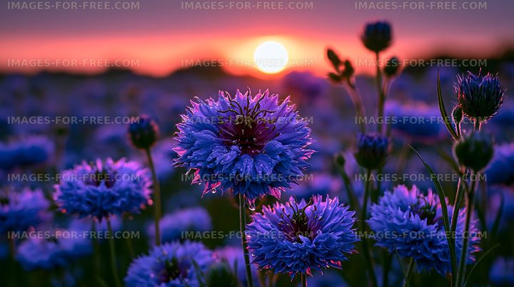 Vibrant flowers against a sunset in a field