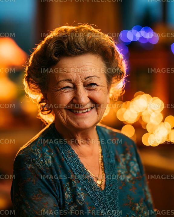 Smiling senior woman in cozy indoor setting with warm lights