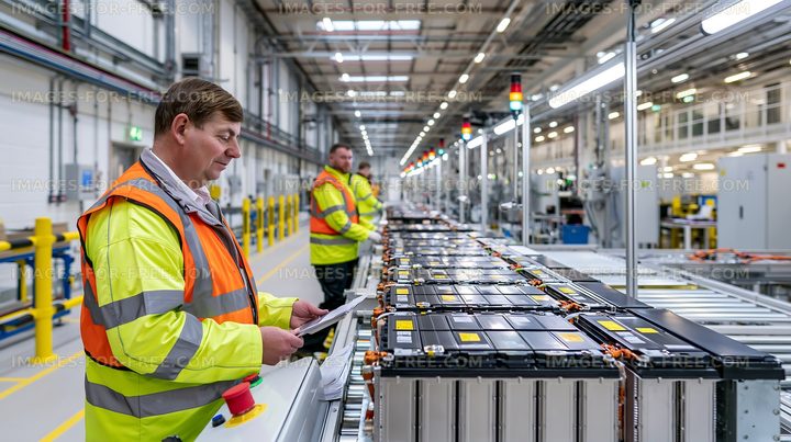 Workers inspecting batteries in a manufacturing facility