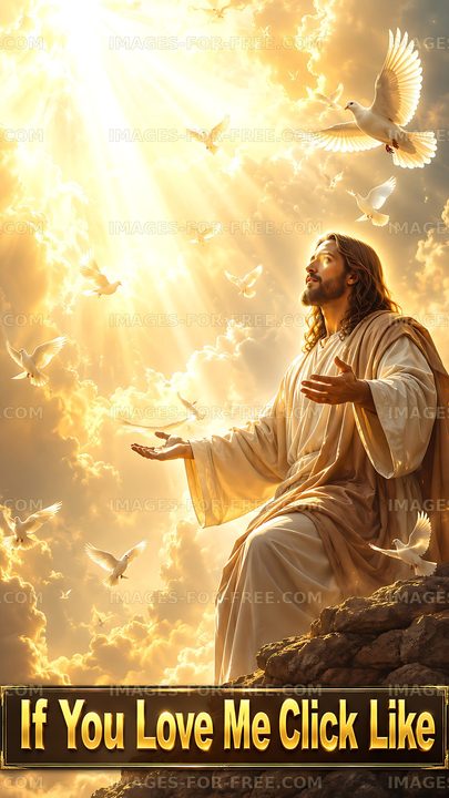 Jesus with doves in a bright sky