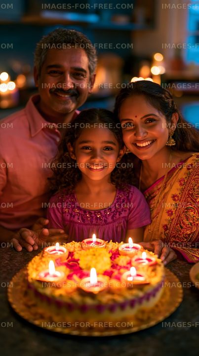 Family celebration with a cake and candles at home