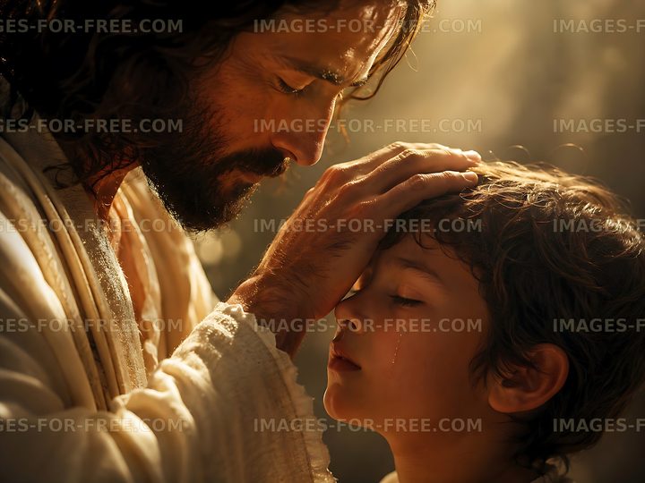 Touching moment between a man and a boy in soft lighting