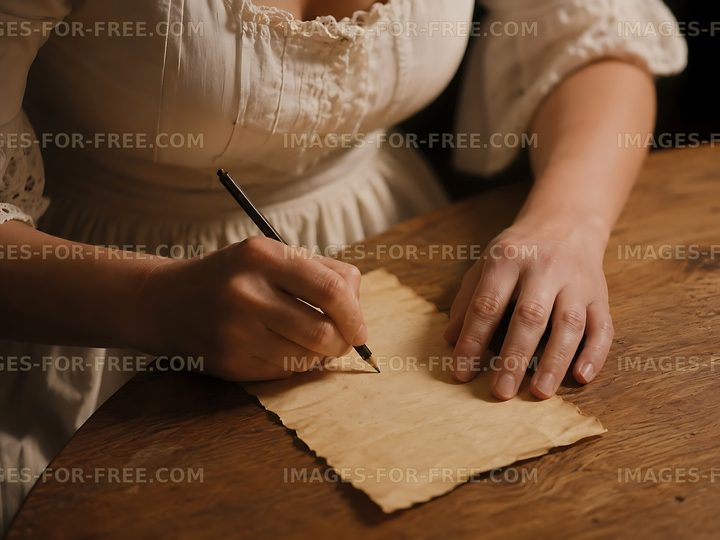 Woman writing on old paper with a pen
