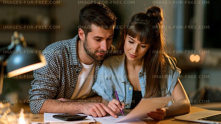 Couple working together on a project at home in the evening