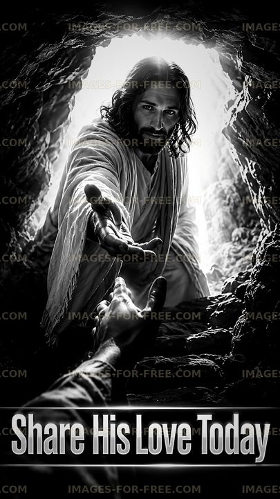 Man offering hand in dark cave scene