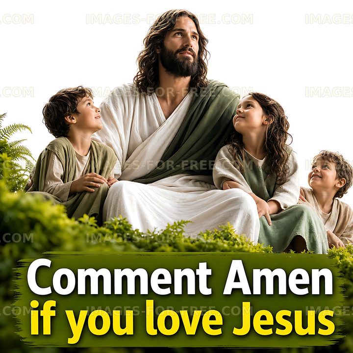 Jesus with children in a serene outdoor setting