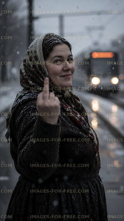 Woman showing a gesture in the snow while a tram approaches
