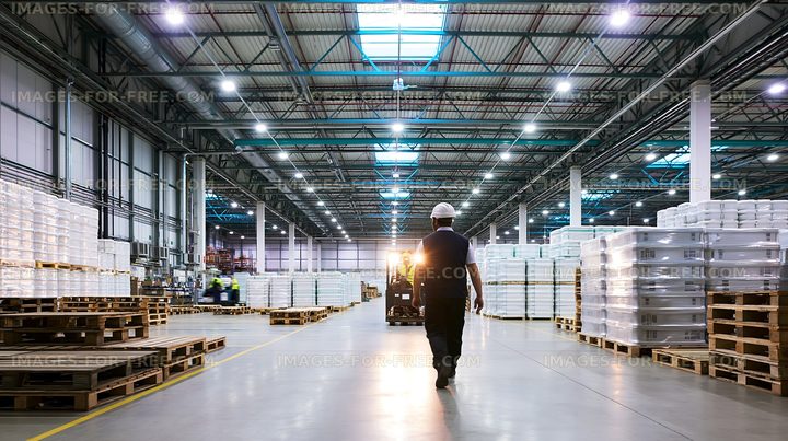 Warehouse worker walking in large storage facility