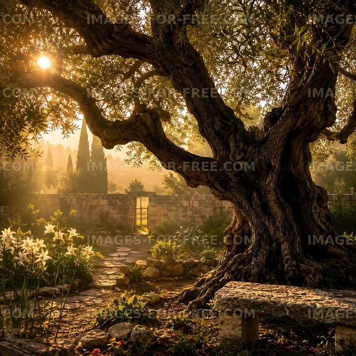 Sunlight filters through an olive tree in a serene garden