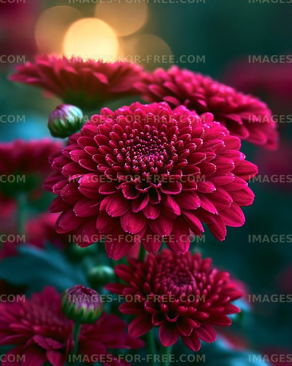 Red chrysanthemum flowers bloom in garden setting