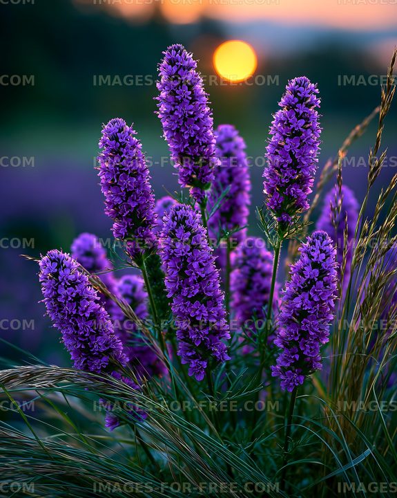 Purple flowers at sunset in a field
