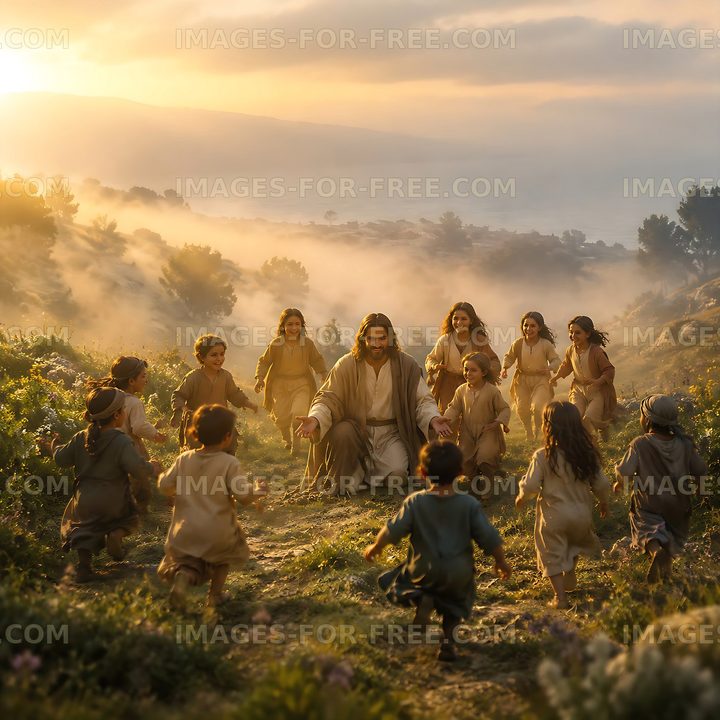 Children gather around a figure in a scenic landscape at sunset