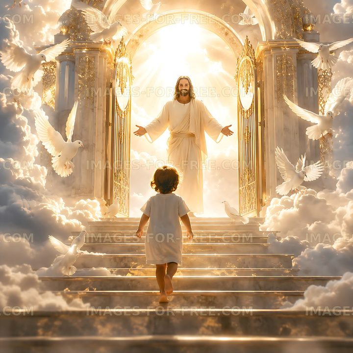 Child walking towards Jesus in a bright heavenly scene