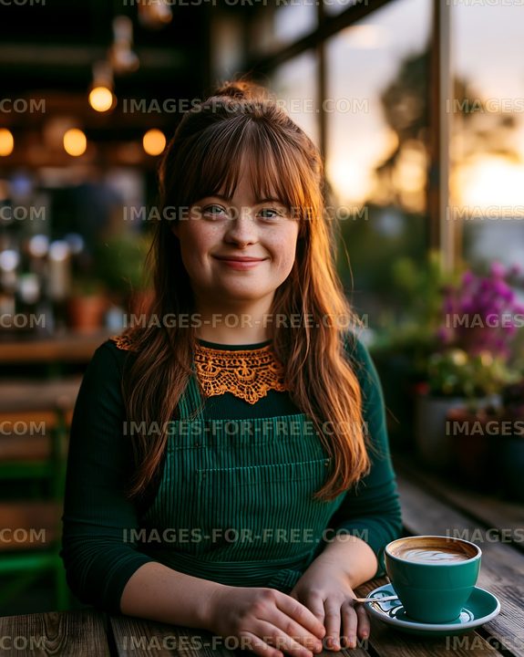 Smiling woman sitting at cafe with coffee during sunset