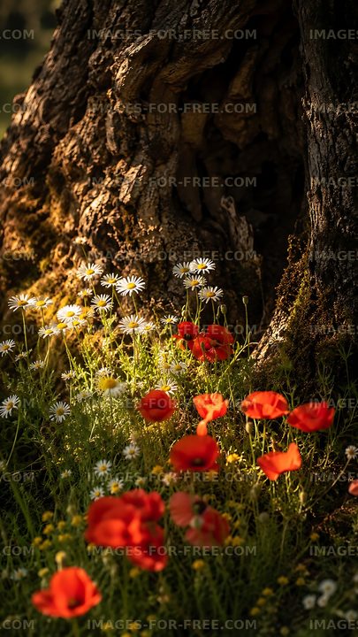Bright flowers beside an old tree trunk in a natural setting