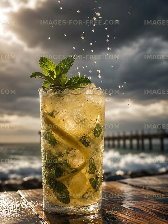 Mint cocktail with lemon slices on wooden table by the sea
