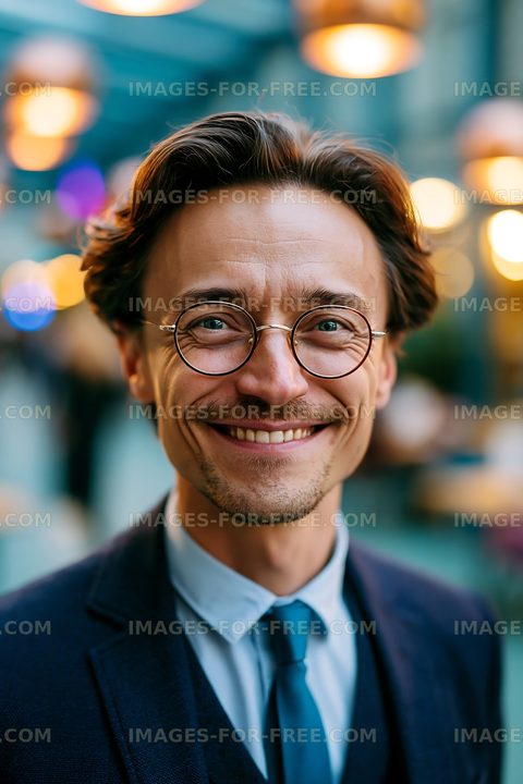 Man with glasses smiles in urban setting