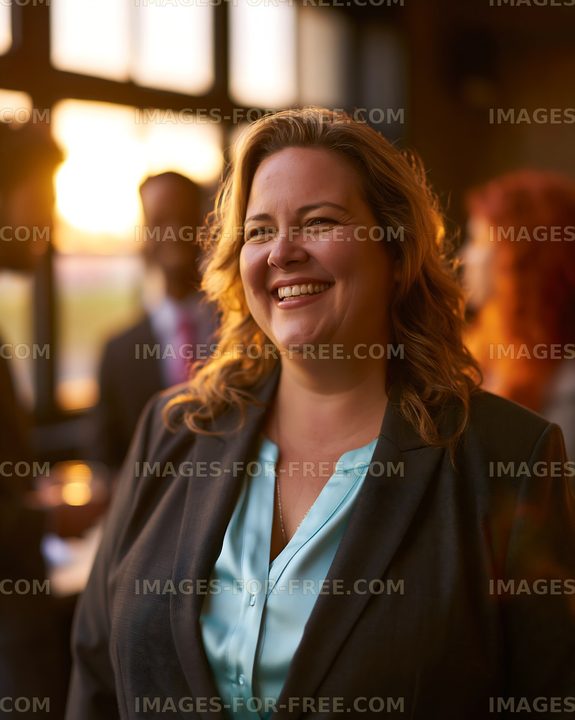Woman smiling in a gathering during sunset hours