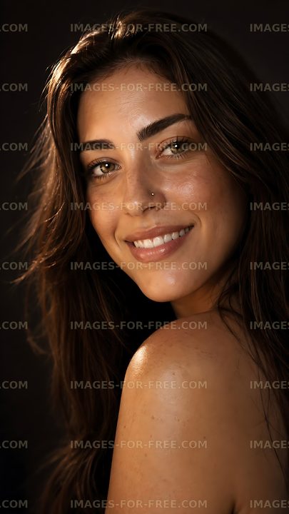 Close-up of woman smiling with long hair in dim lighting