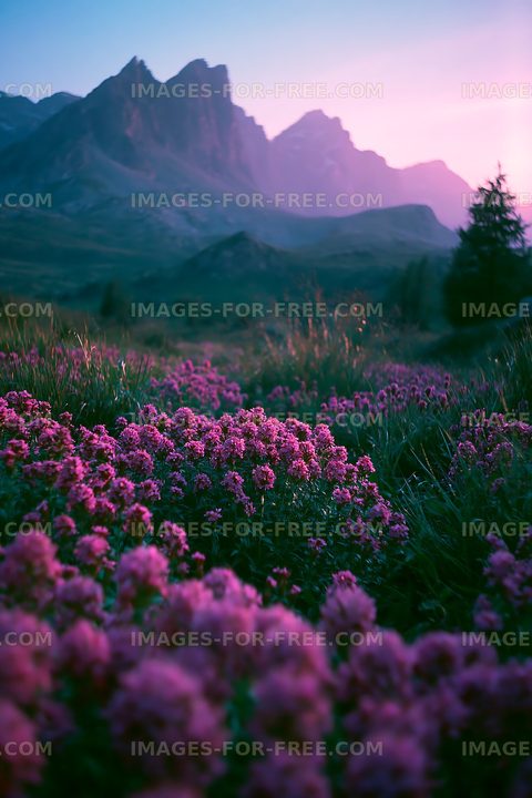 Mountain landscape with blooming flowers at sunset