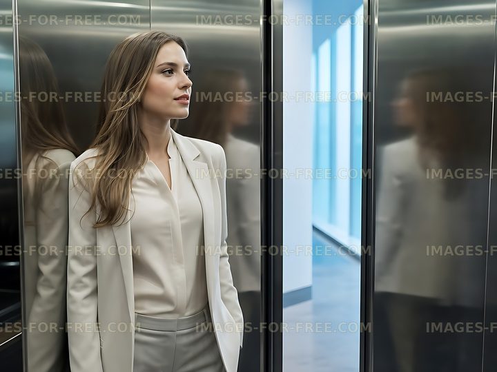 Businesswoman in elevator reflecting modern office design