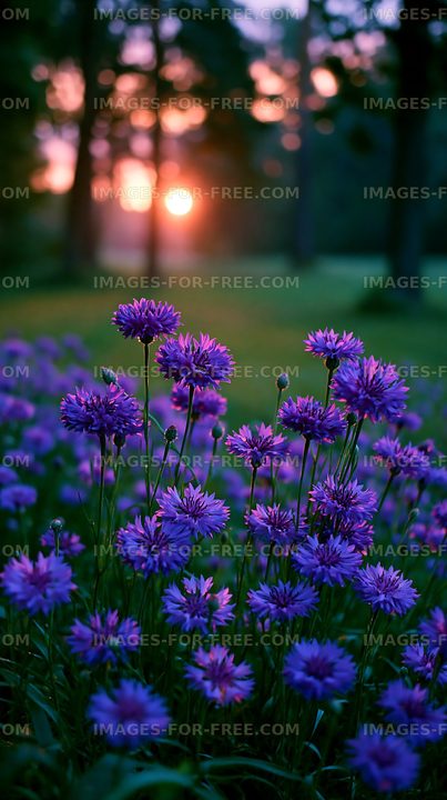 Purple flowers in a field at sunset