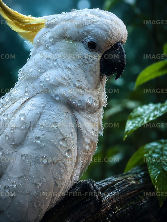 Close-up of a wet cockatoo in a tropical forest