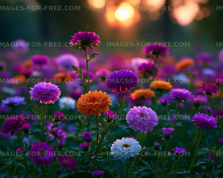 Colorful flowers blooming at sunset in a garden