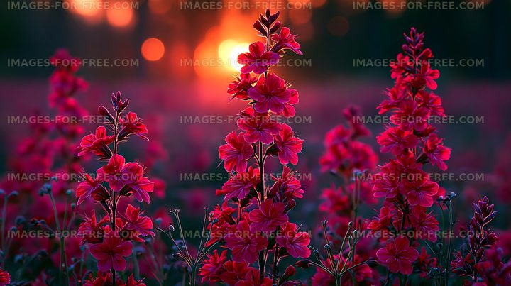 Vibrant flowers against a sunset in a field