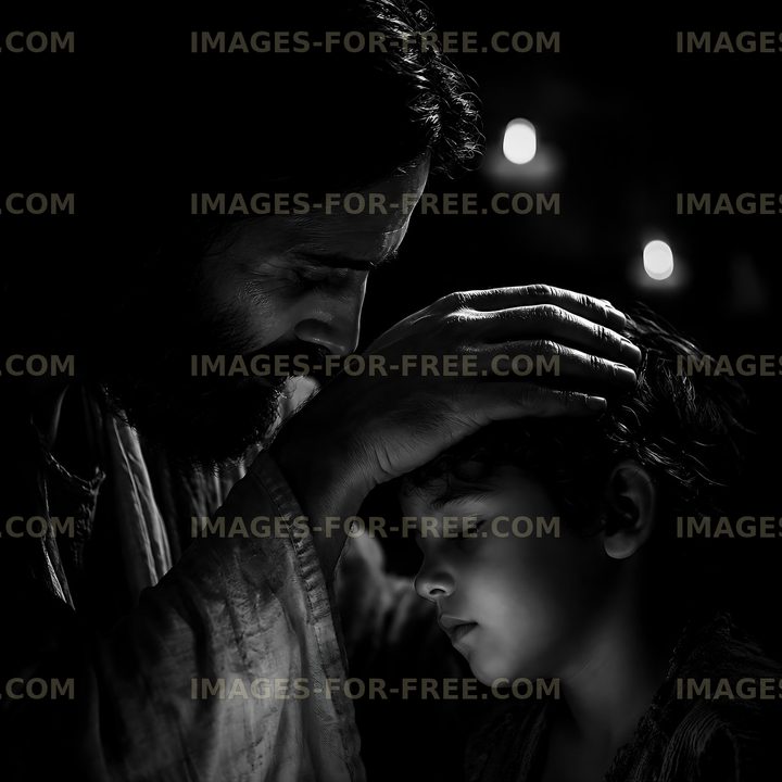 Man blessing child in dimly lit environment