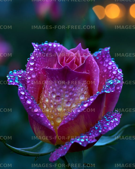 Dew-covered rose with soft lighting in the background
