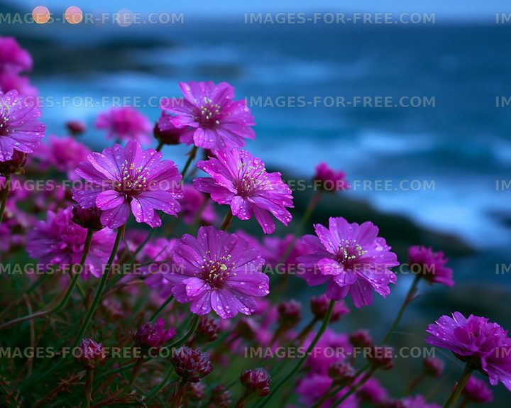 Vibrant pink flowers by the ocean during twilight