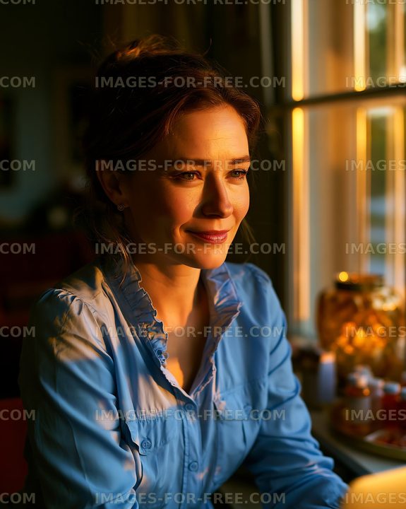 Woman looking out window during golden hour