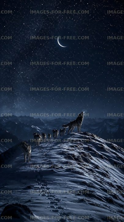 Wolves on a snowy mountain under a night sky