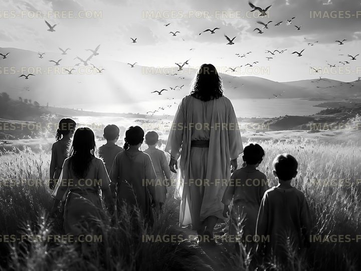 Walking with children in a field towards a lake