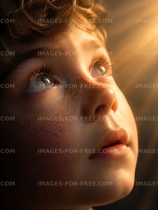 Child gazing upward with hopeful expression