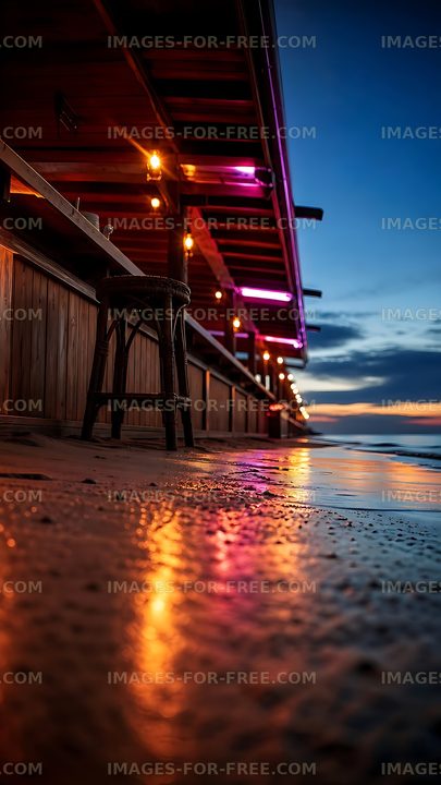 Vibrant beachside bar with sunset reflections on wet sand