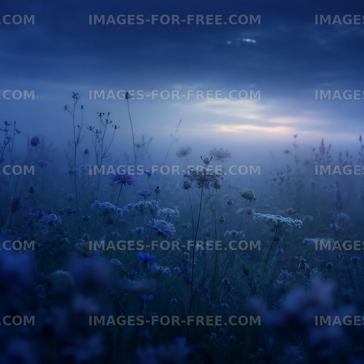 Flower field at dusk with fog and soft light