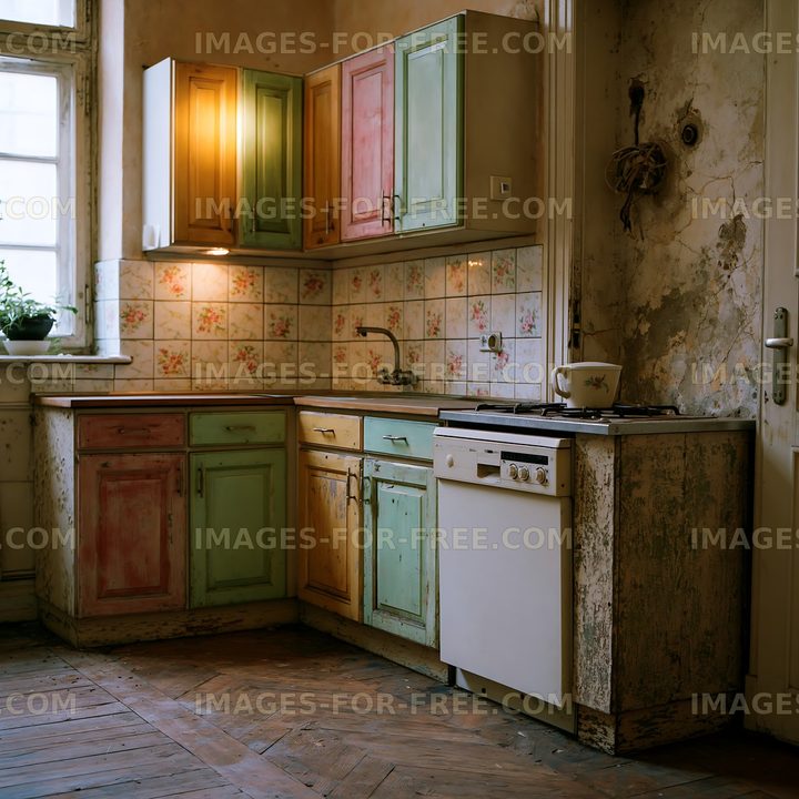 Colorful vintage kitchen with shabby elements