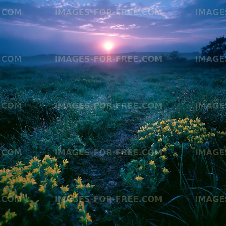 Sunset over a meadow with yellow flowers