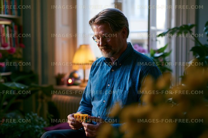 Man sitting indoors holding a pastry in a cozy room