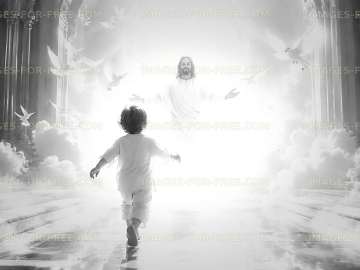 Child walks towards figure in light with doves flying around