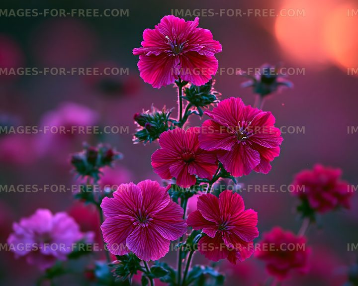 Bright pink flowers in a garden at sunset