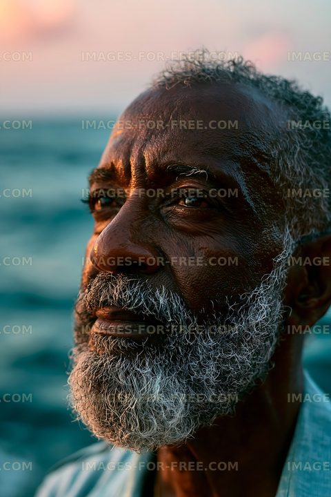 Man with beard looks away by the ocean at sunset