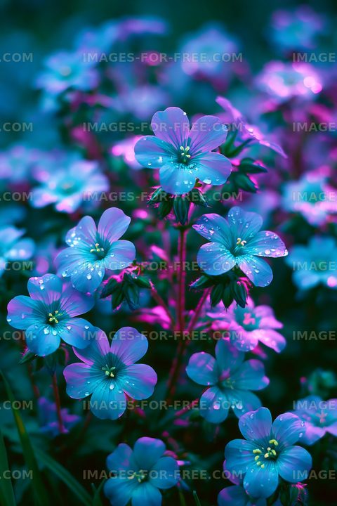 Colorful flowers with dew in a garden at night