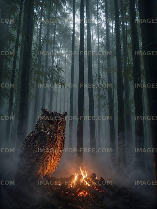 Owl standing near a fire in a bamboo forest at night
