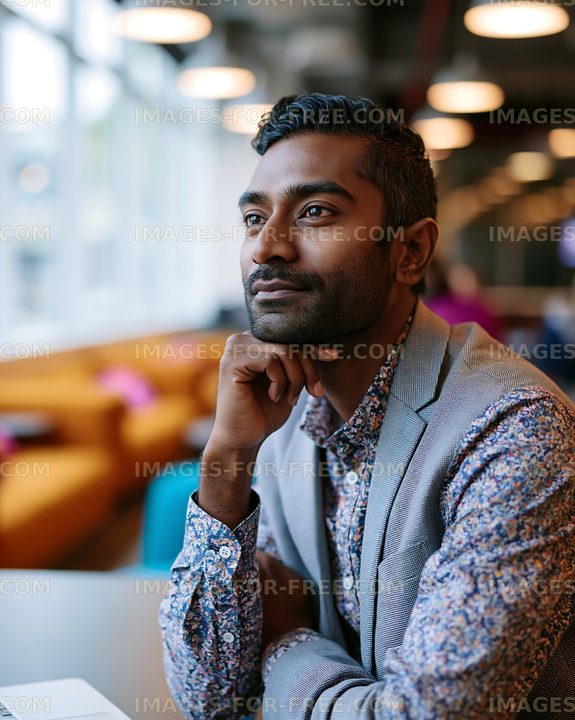 Man thinking in modern office setting with bright windows