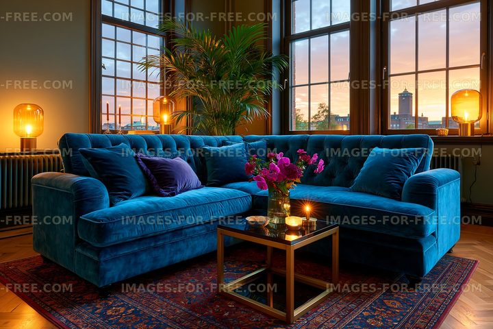 Cozy living room with blue couch and sunset view